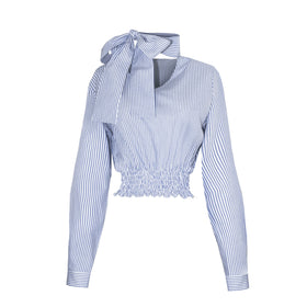 Loose Striped Lace-up Bow Tunic Long Sleeve
