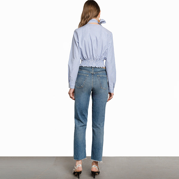 Loose Striped Lace-up Bow Tunic Long Sleeve