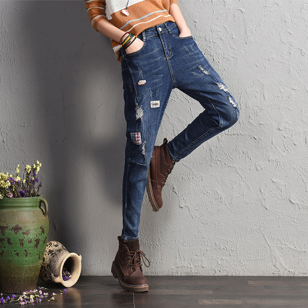 Western Style Leisure Holes Stretch Jeans