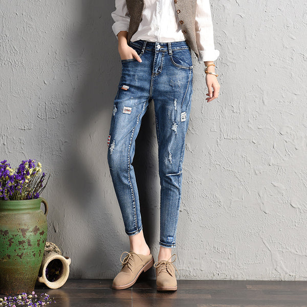 Western Style Leisure Holes Stretch Jeans