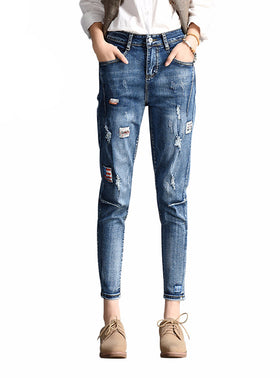 Western Style Leisure Holes Stretch Jeans