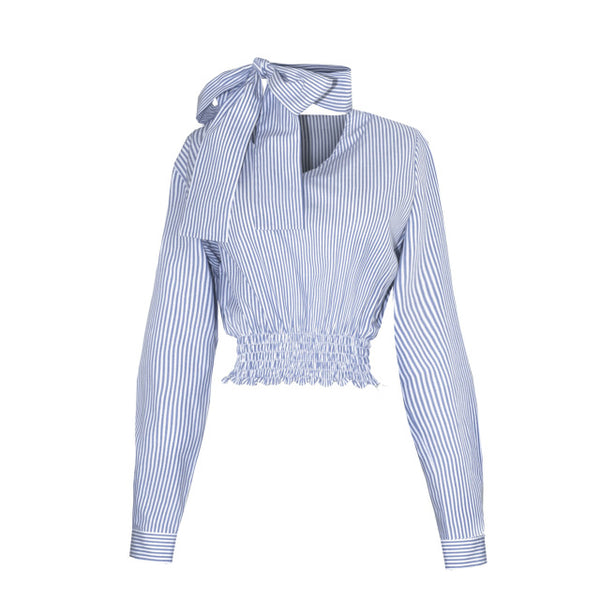 Loose Striped Lace-up Bow Tunic Long Sleeve